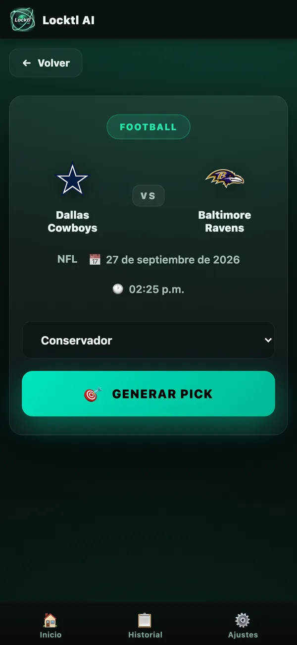 Partido Dallas Cowboys vs Baltimore Ravens listo para generar el pick
