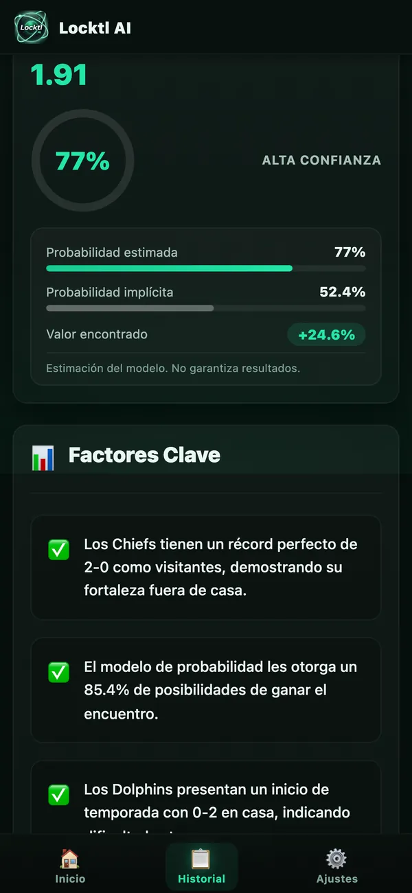 Pick de la IA con su nivel de confianza, probabilidad estimada contra implícita y factores clave